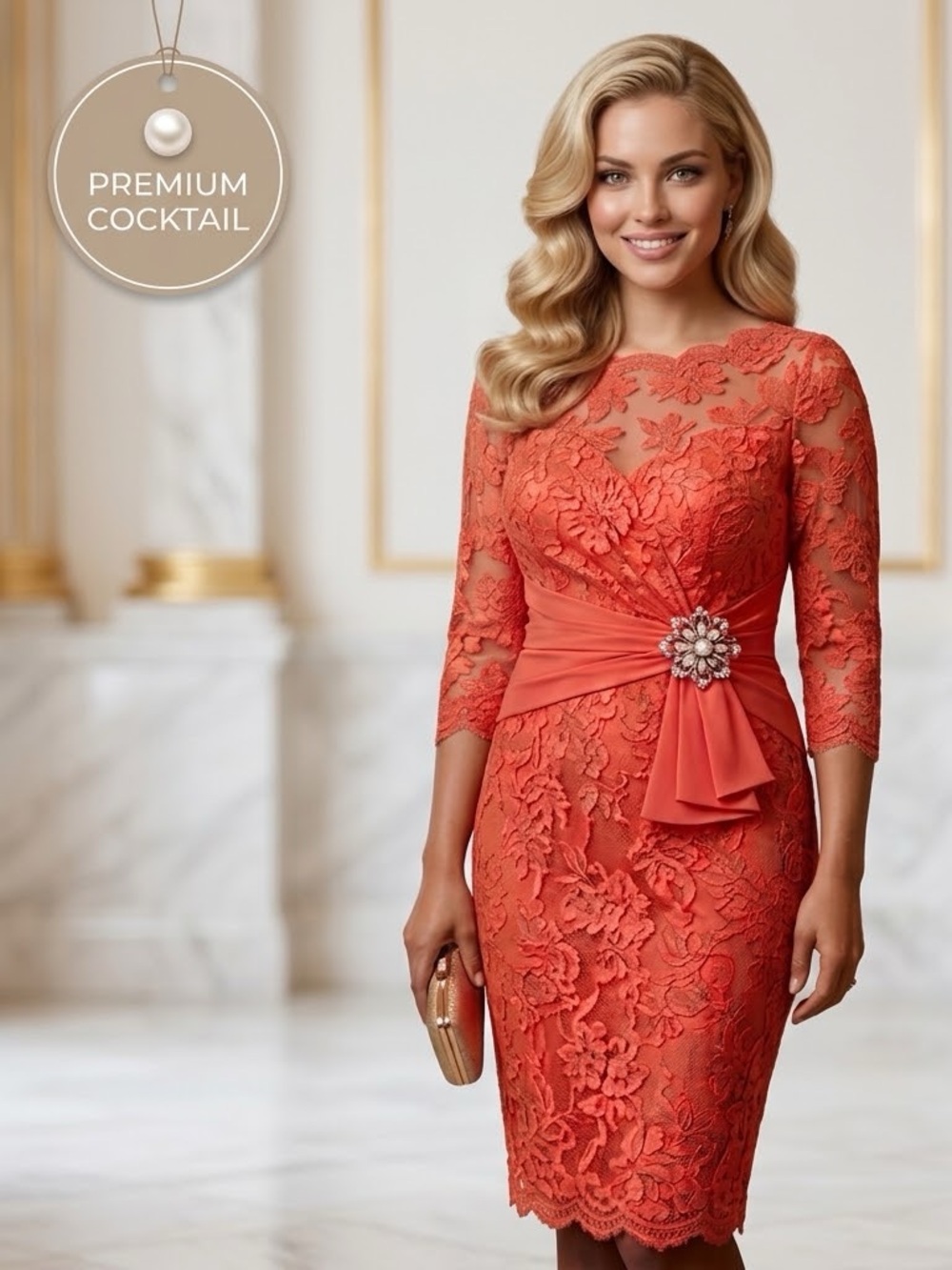 NWT Rickie Freeman Teri Jon Coral Floral Lace Sheath Dress Brooch Accent Size 12